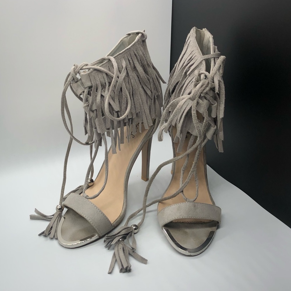 Qupid Gray Suede Tassel Wrap Fringe Heels (USED)